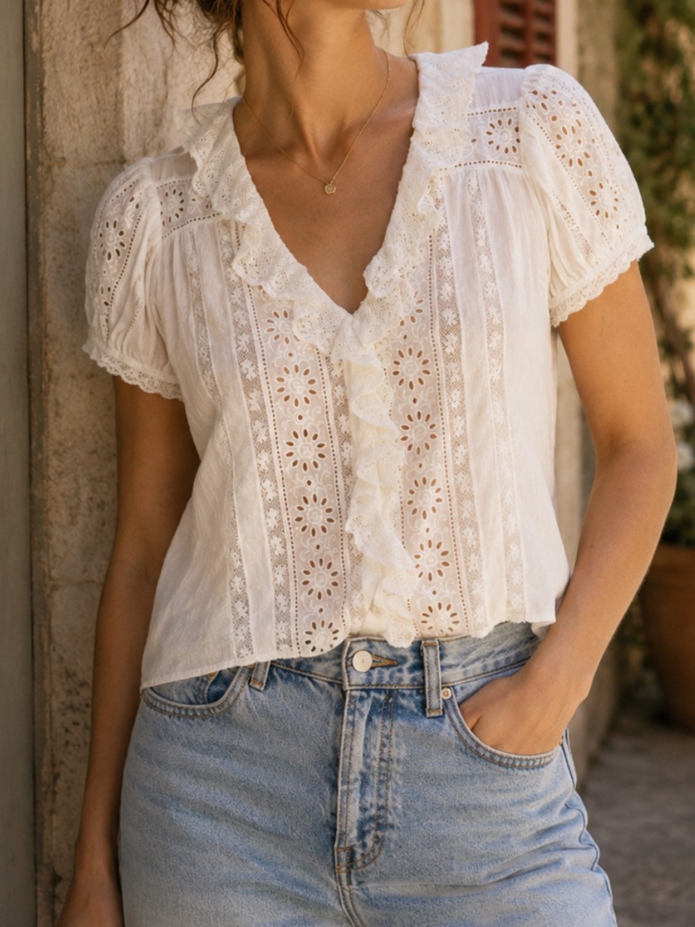 DÔEN Clairette Ruffled lace-trimmed organic cotton-voile top in Salt